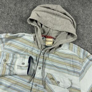 Simms Hooded Shirt Jacket Mens Large Gray Striped Snap Front Outdoor Fishing